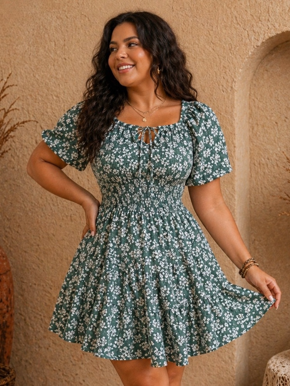 🔥5/$35🔥 Green Floral Smocked Mini Dress | Size L | Inspired Hearts